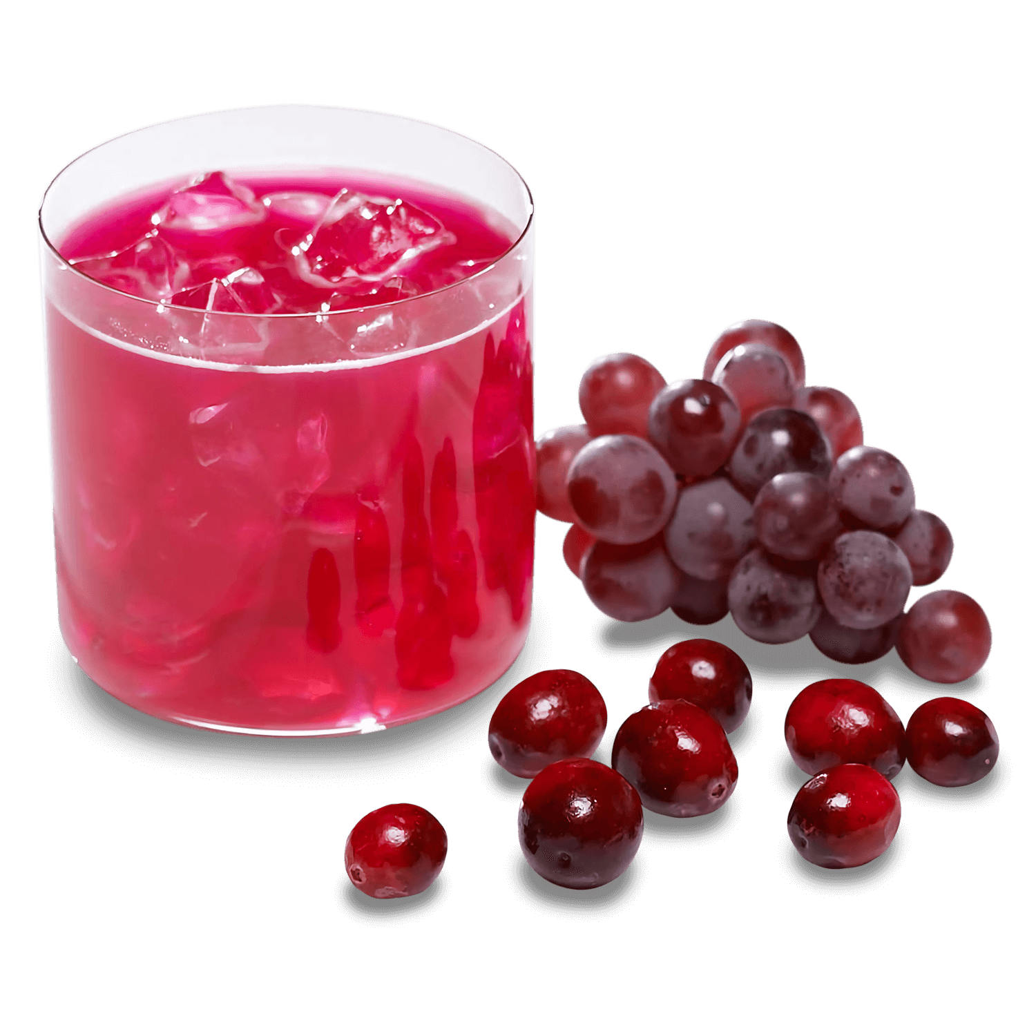 A refreshing glass of grape-flavored protein drink with ice, surrounded by clusters of dark and light grapes.
